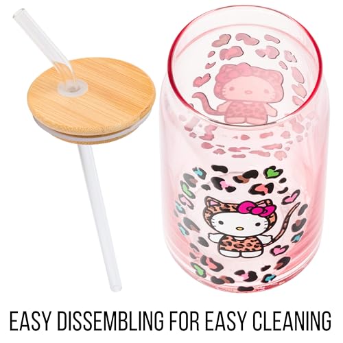 Sanrio Glass Jar Tumbler with Bamboo Lid and Glass Straw, 16 Ounces