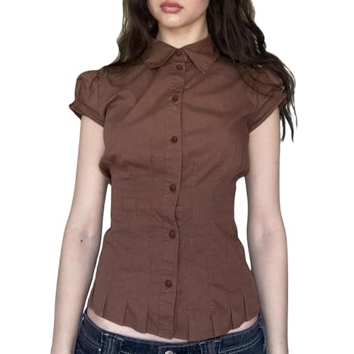 Women Y2k Coquette Button Down Shirt Cute Button Up Cap Sleeve V Neck Preppy Slim Fit Summer 90s Crop Top Blouse