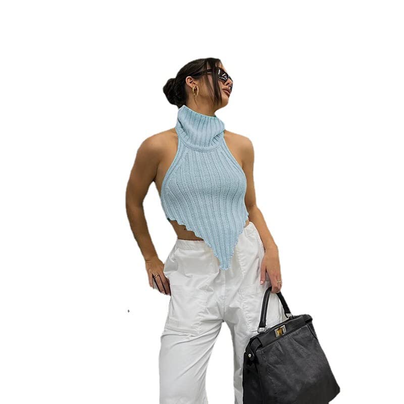 Sexy Halter Knitted Turtleneck Crop Tank Tops Irregular Cut Out Backless Camisole