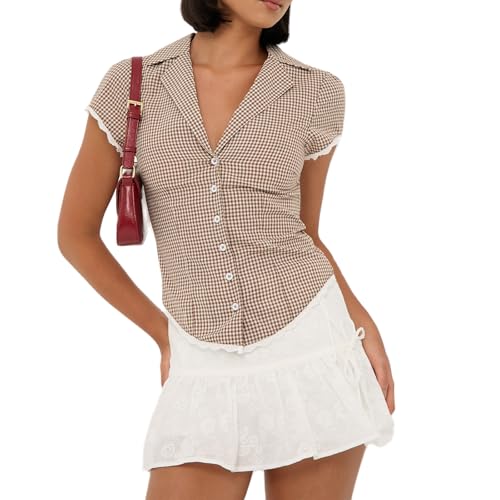 Women Y2k Coquette Button Down Shirt Cute Button Up Cap Sleeve V Neck Preppy Slim Fit Summer 90s Crop Top Blouse