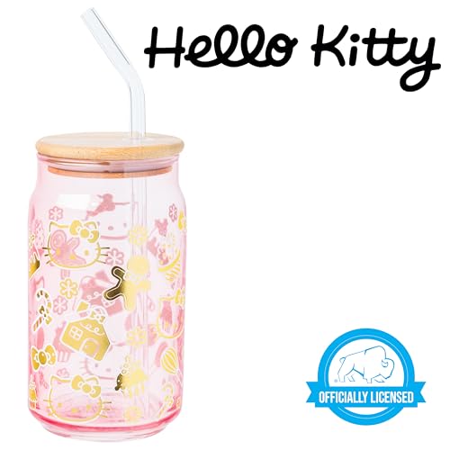 Sanrio Glass Jar Tumbler with Bamboo Lid and Glass Straw, 16 Ounces