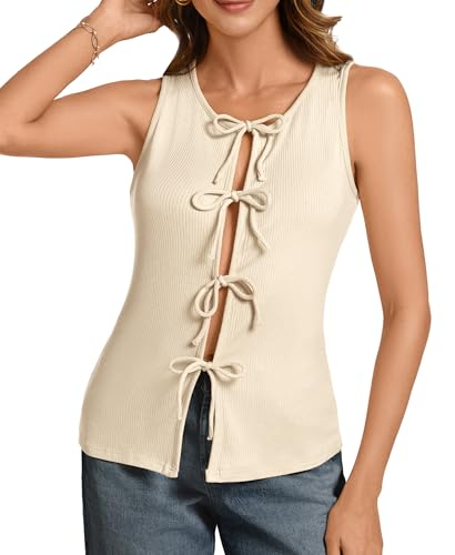 Ribbed Tank Tops for Womens - Y2k Sleeveless Bow Tie Front Shirts Cute Top