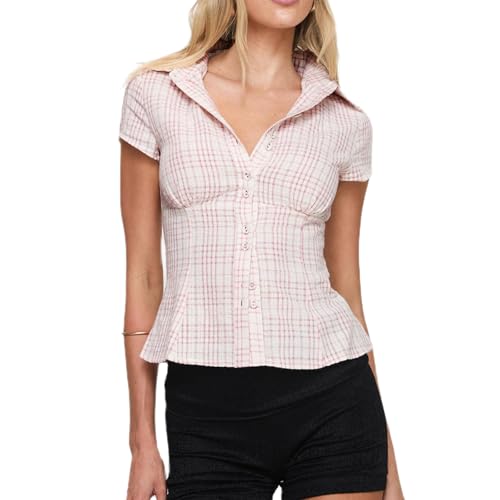 Women Y2k Coquette Button Down Shirt Cute Button Up Cap Sleeve V Neck Preppy Slim Fit Summer 90s Crop Top Blouse