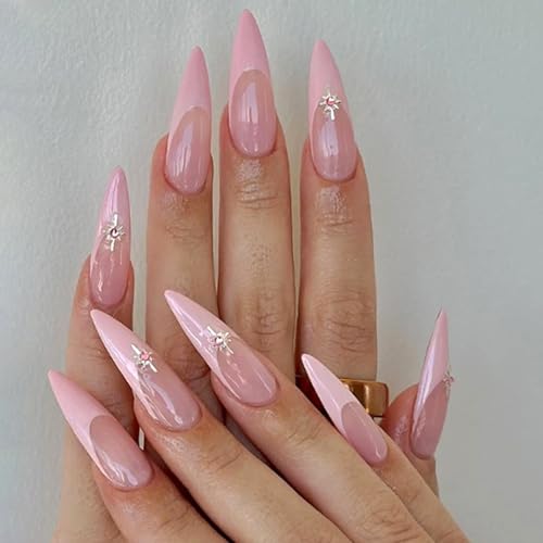 Press on Nails Ballerina Rhinestones Fake Nails Extra Long Stiletto Acrylic Nails Glossy Artificial Glue on Nails for Women