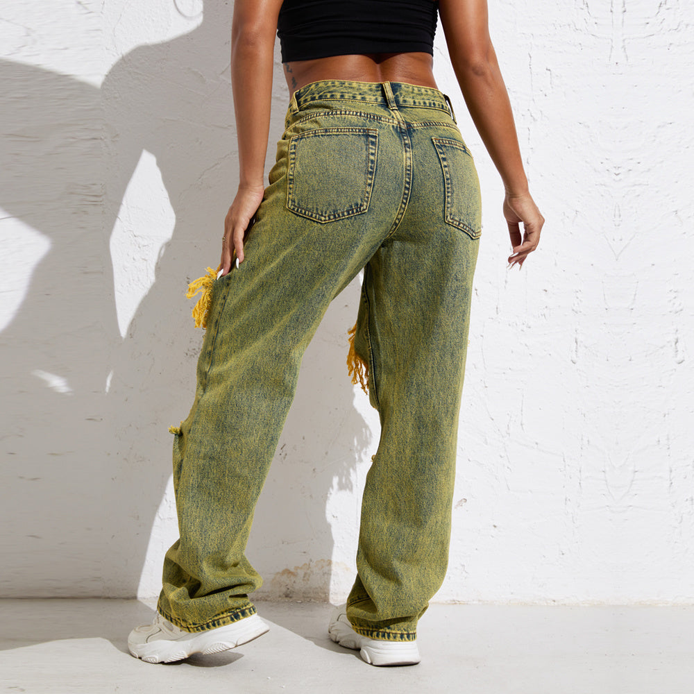 Yellow Wash Streetwear Split Loose Straight Jeans Y2K Ripped Retro Women Denim Pants