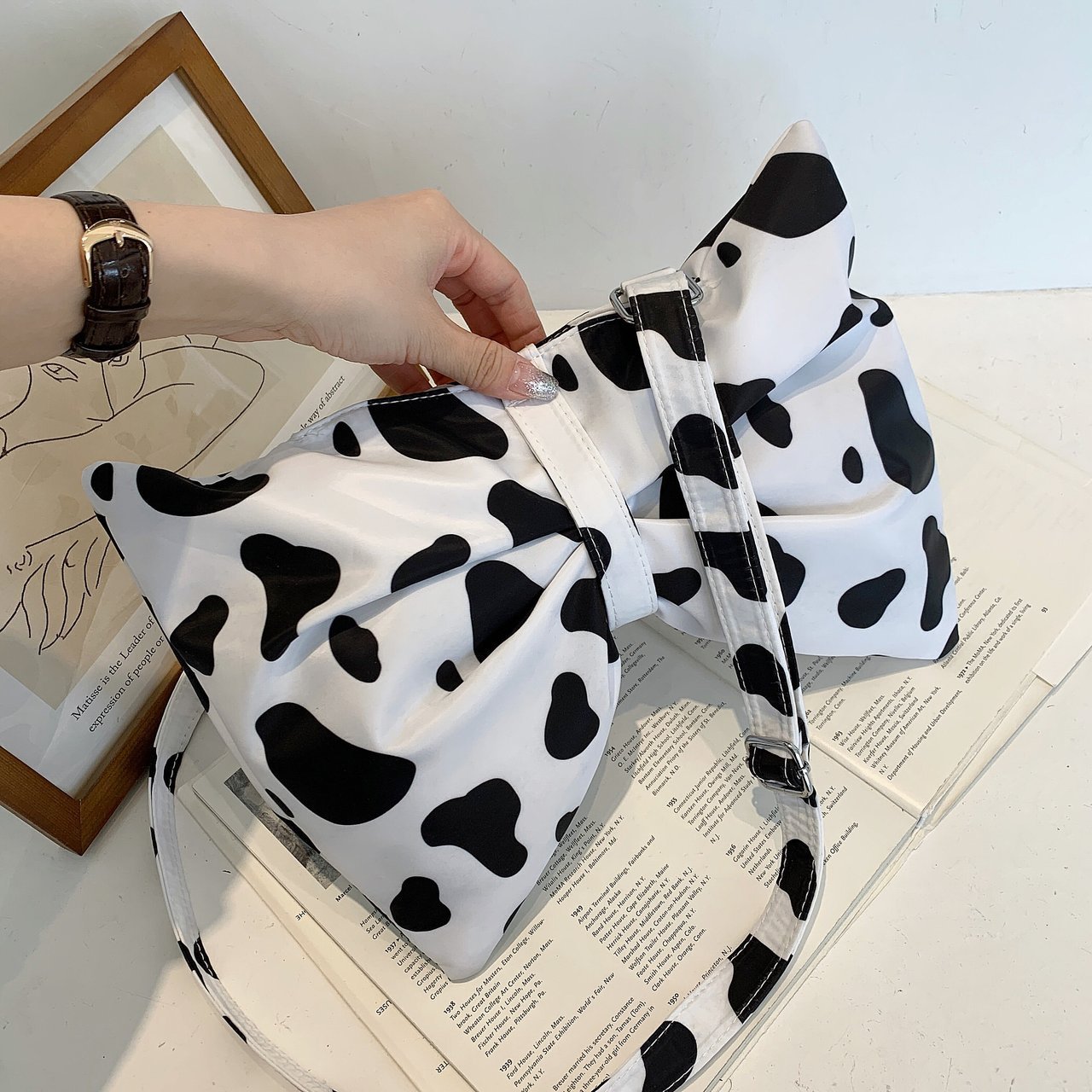 Large Bow Shoulder Bag For Girls Cute Cow Print Crossbody Bags Women Lovely Shopping Bags