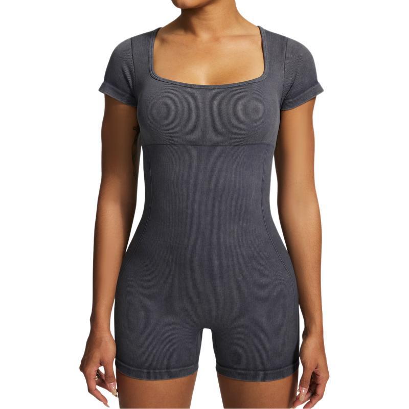 Seamless Stone Washed Short Sleeve Yoga Jumpsuit Women