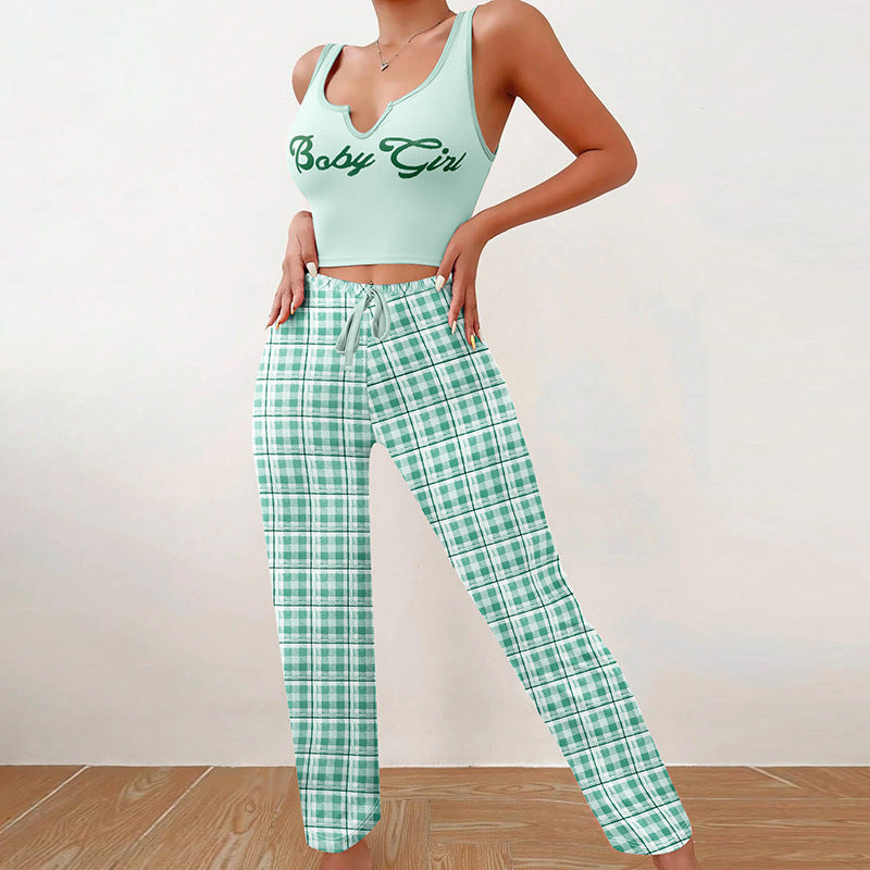 Women's Spring/Summer Casual Pajama Set – Sleeveless Letter Print Top and Color-Blocked Plaid Pants