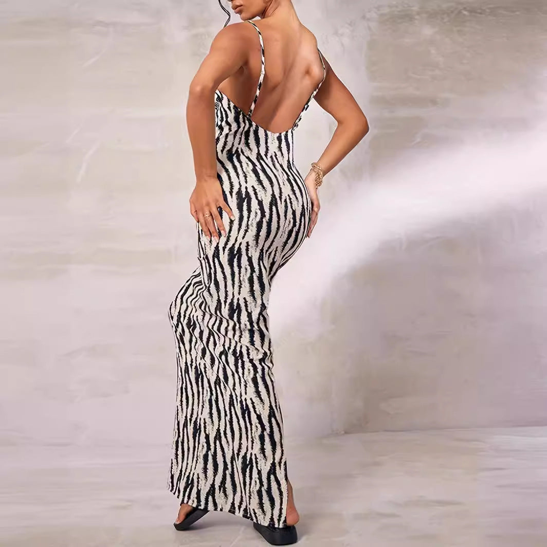 Zebra Print Slim Fit Slimming Spaghetti Straps V-neck Dress