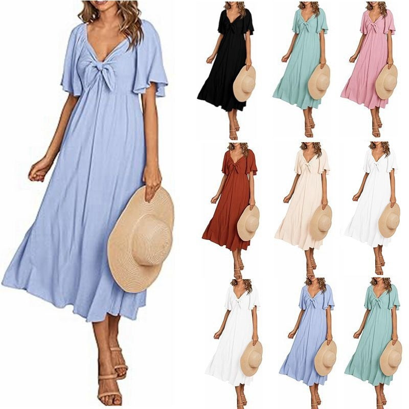 Women's Clothing Spring And Summer Bow V-neck Pleated Mid-length Short Sleeve Dress