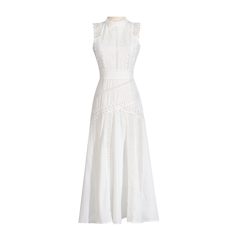 Round Neck Sleeveless Waist Lace Stitching Solid Color Dress