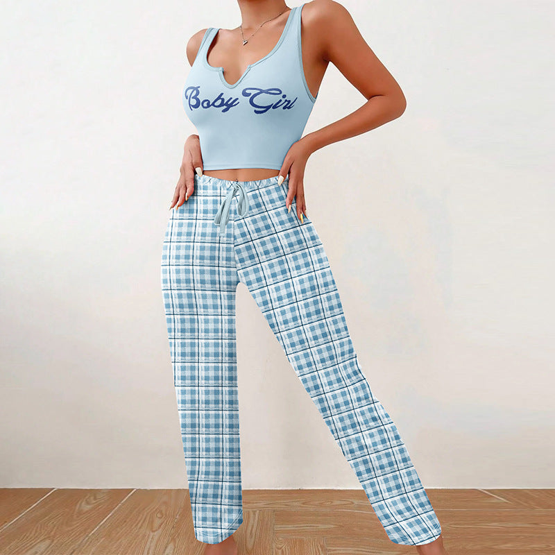 Women's Spring/Summer Casual Pajama Set – Sleeveless Letter Print Top and Color-Blocked Plaid Pants