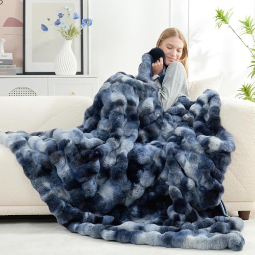 Faux Fur Throw Blanket -Fuzzy Soft Plush Thick Bubble Blanket