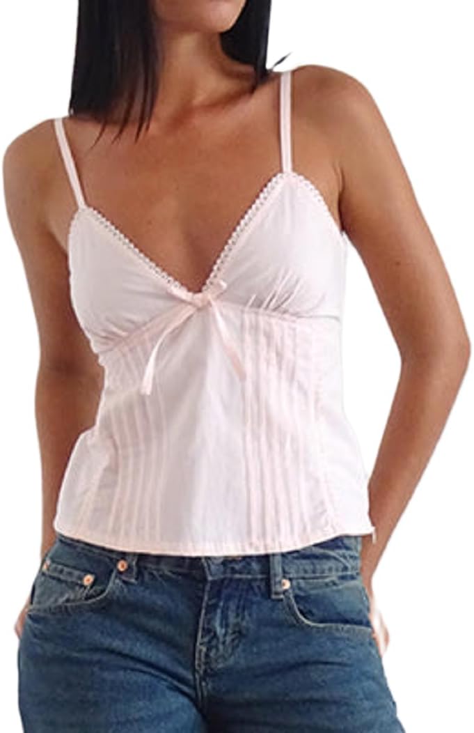 Women Y2k Crop Tank Top Low Cut Sleeveless Cami Top Sexy V Neck Spaghetti Strap Camisoles