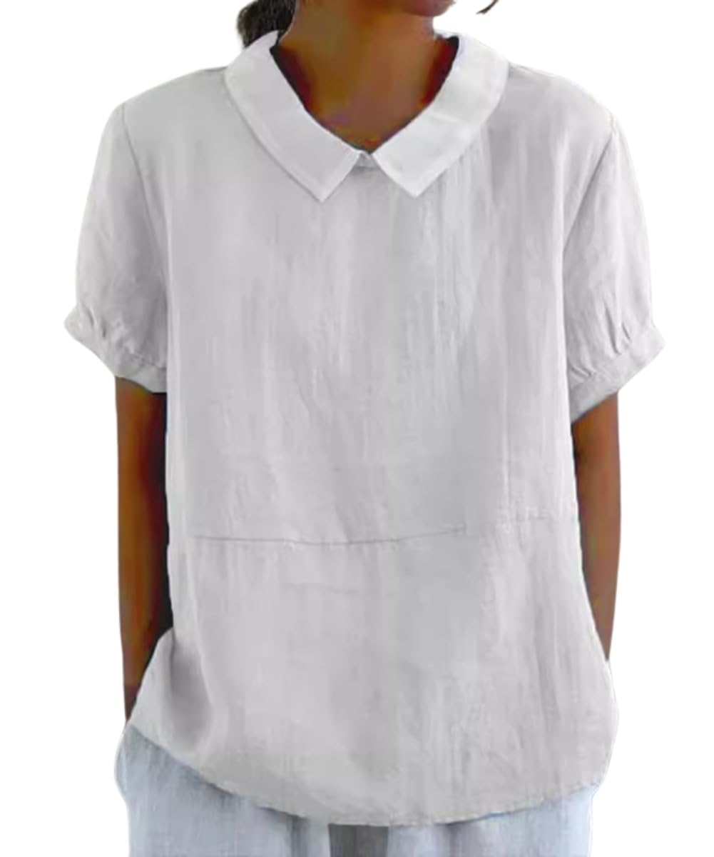 Cotton Linen Shirts Short Sleeve Casual Collared Work Blouse Tunic Tos