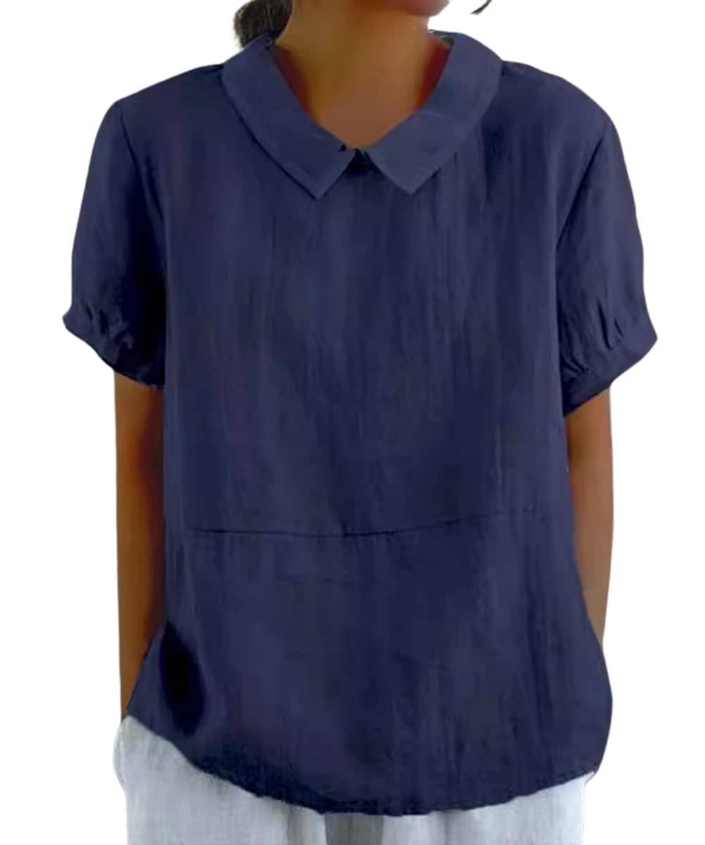 Cotton Linen Shirts Short Sleeve Casual Collared Work Blouse Tunic Tos