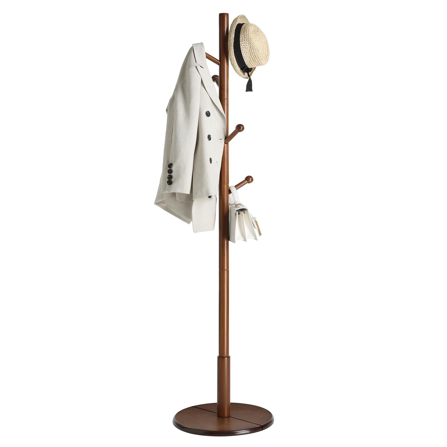 Solid Wood Coat Rack – Free-Standing Tree with 8 Hooks, Adjustable Height for Coats, Hats, and Bags