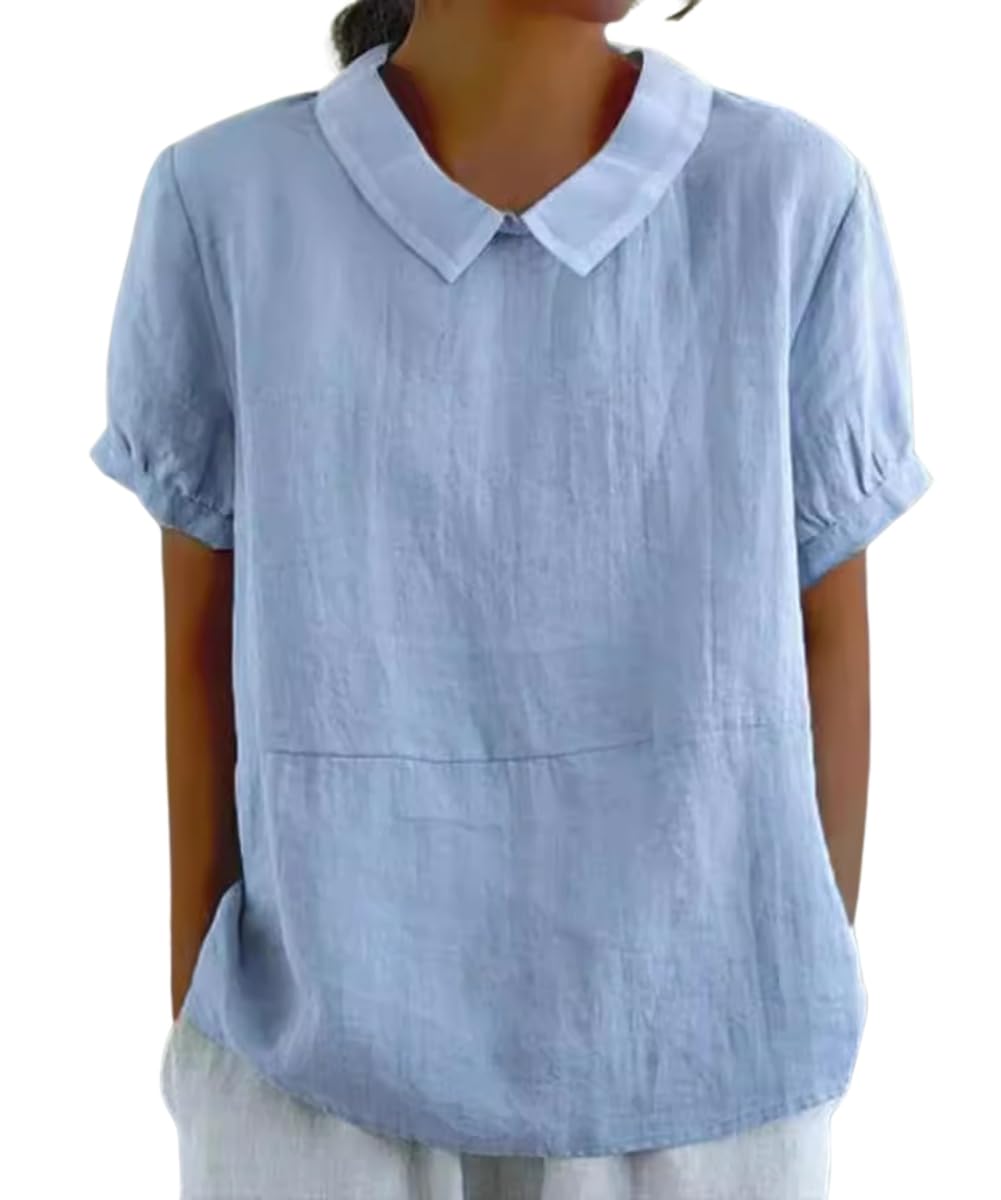 Cotton Linen Shirts Short Sleeve Casual Collared Work Blouse Tunic Tos