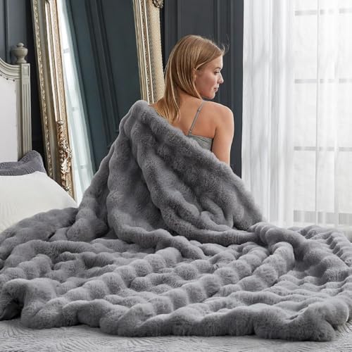 Faux Fur Throw Blanket -Fuzzy Soft Plush Thick Bubble Blanket