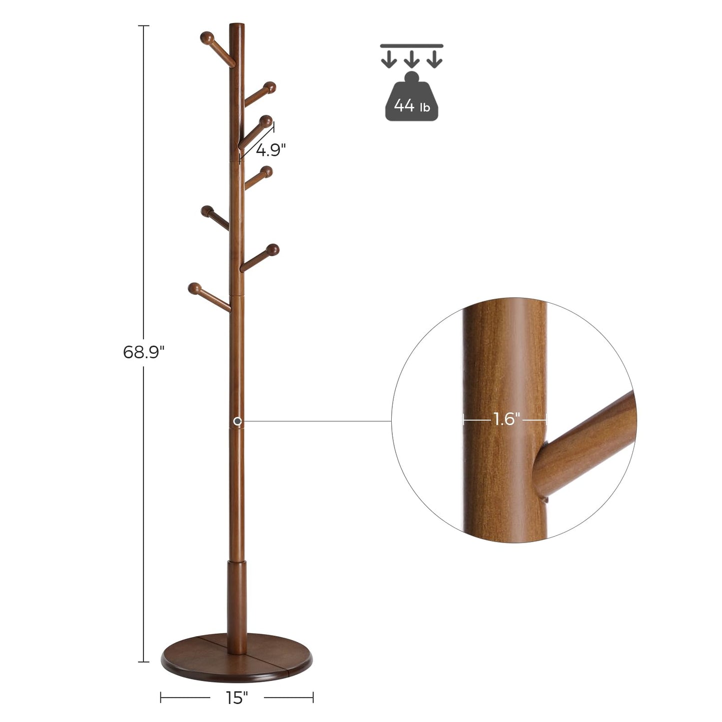 Solid Wood Coat Rack – Free-Standing Tree with 8 Hooks, Adjustable Height for Coats, Hats, and Bags