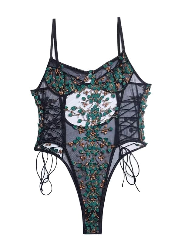 Women Sexy Lace Up Lingerie - Floral Embroidered Teddy Bodysuit Top Mesh Sheer One Piece