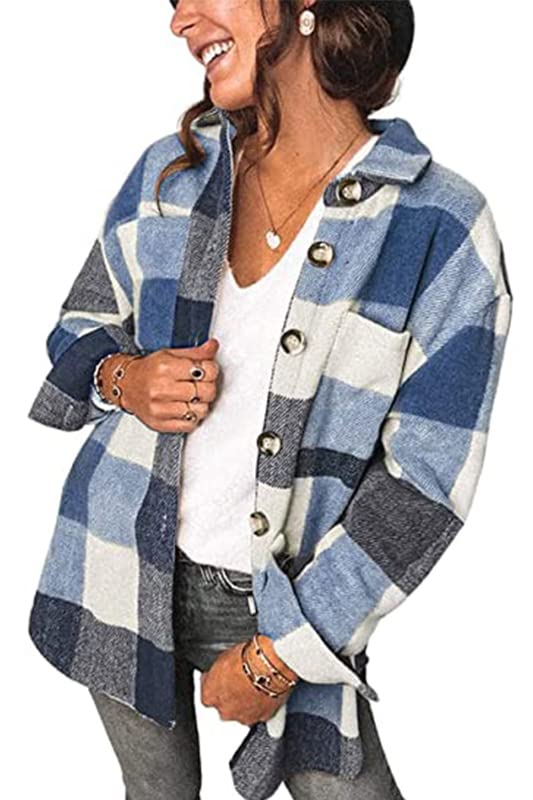 Women's Casual Flannel Plaid Shacket Button Down Long Sleeve Shirt Jacket Coats with Pockets