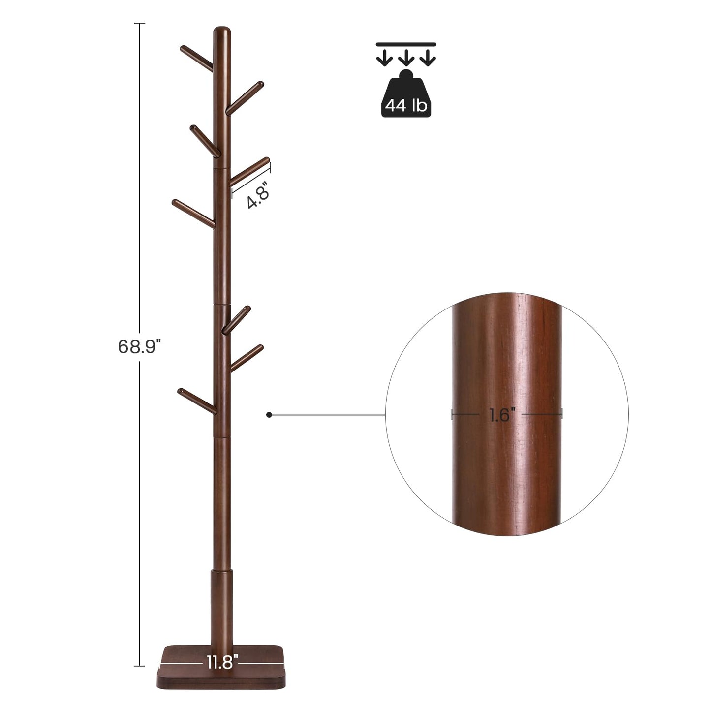 Solid Wood Coat Rack – Free-Standing Tree with 8 Hooks, Adjustable Height for Coats, Hats, and Bags