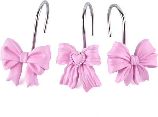 Pink Bow Knot Resin Shower Curtain Hooks Rings for Bathroom 12 PCS