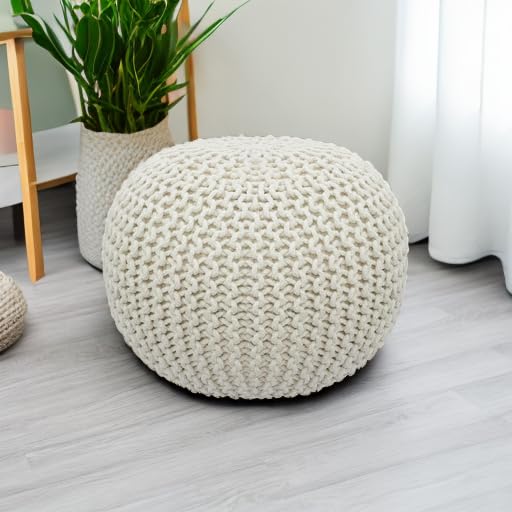 Hand-Knitted Cotton Round Pouf – Braid Cord Ottoman, Footrest, and Accent Seat for Living Room, Nursery, Kids Room, or Dorm Décor – 20x14