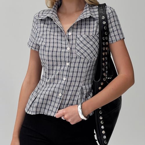 Women Y2k Coquette Button Down Shirt Cute Button Up Cap Sleeve V Neck Preppy Slim Fit Summer 90s Crop Top Blouse