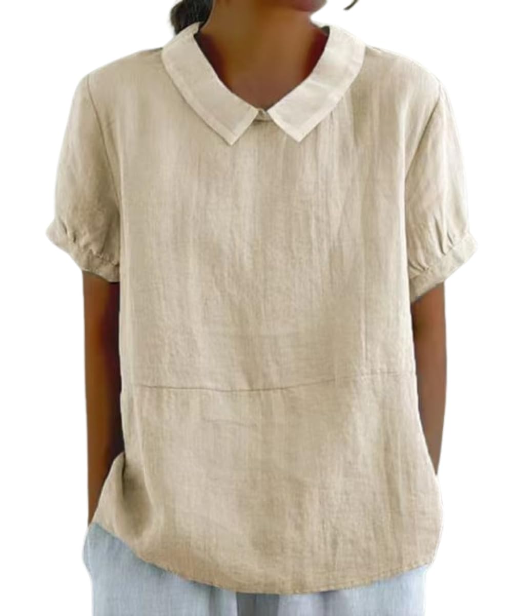 Cotton Linen Shirts Short Sleeve Casual Collared Work Blouse Tunic Tos