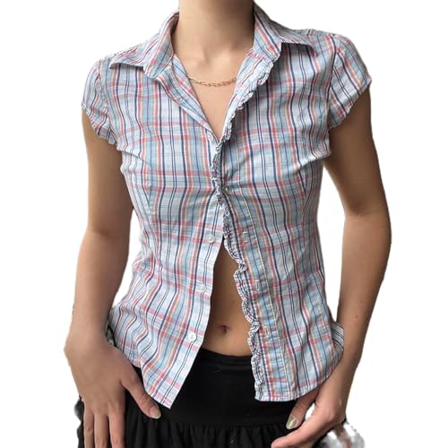 Women Y2k Coquette Button Down Shirt Cute Button Up Cap Sleeve V Neck Preppy Slim Fit Summer 90s Crop Top Blouse