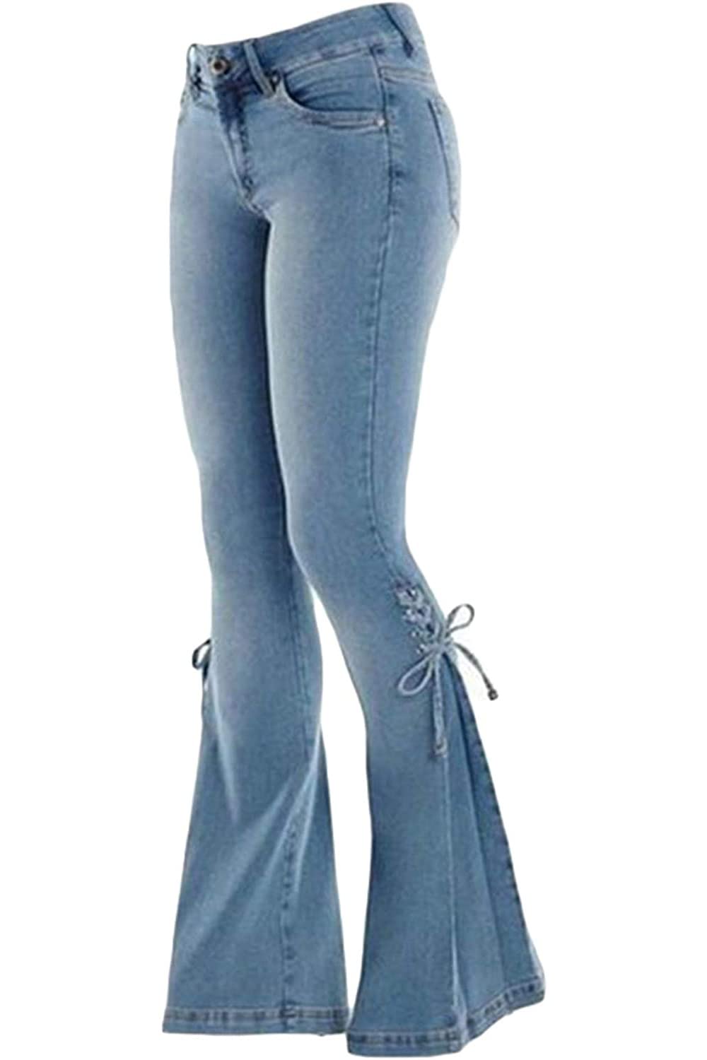 Women's Lace-up Bell Bottom Denim Pants Mid Waist Stretchy Flare Jeans