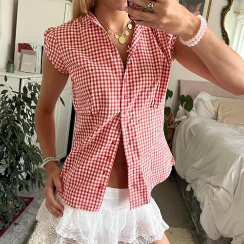 Women Y2k Coquette Button Down Shirt Cute Button Up Cap Sleeve V Neck Preppy Slim Fit Summer 90s Crop Top Blouse