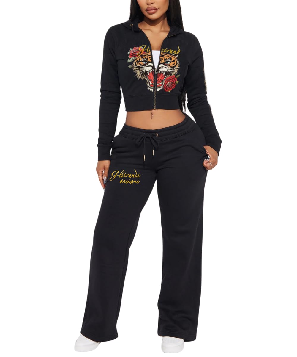 Womens 2 Piece Cropped Hoodies Jacket Sweatpants With Pockets Tracksuit