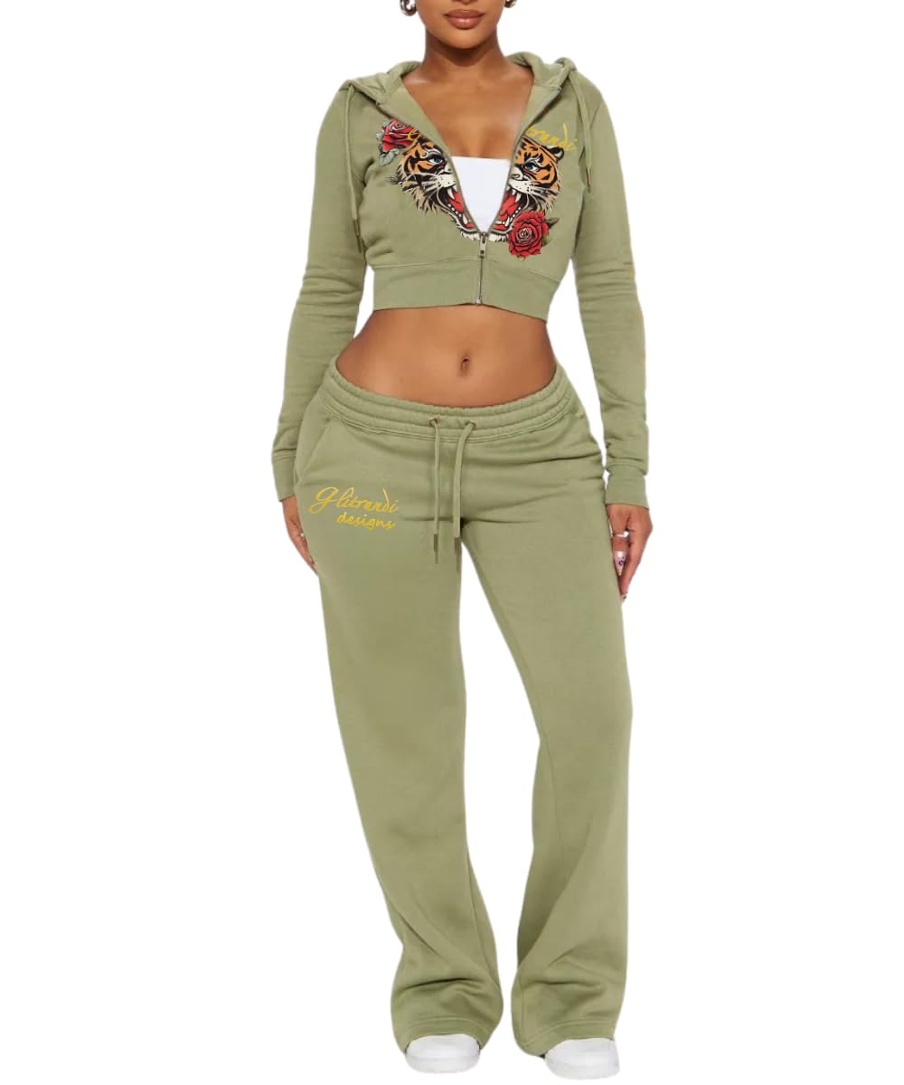 Womens 2 Piece Cropped Hoodies Jacket Sweatpants With Pockets Tracksuit