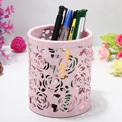 Hollow Rose Flower Pattern Metal Pen Pencil Pot Cup Holder Desk Container Organizer,2 Pieces Pink