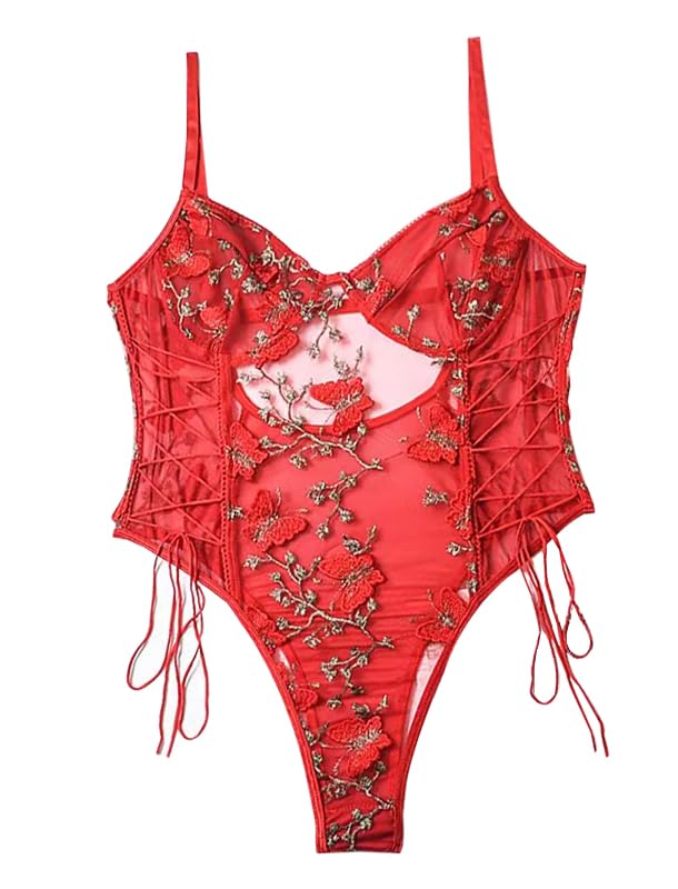 Women Sexy Lace Up Lingerie - Floral Embroidered Teddy Bodysuit Top Mesh Sheer One Piece