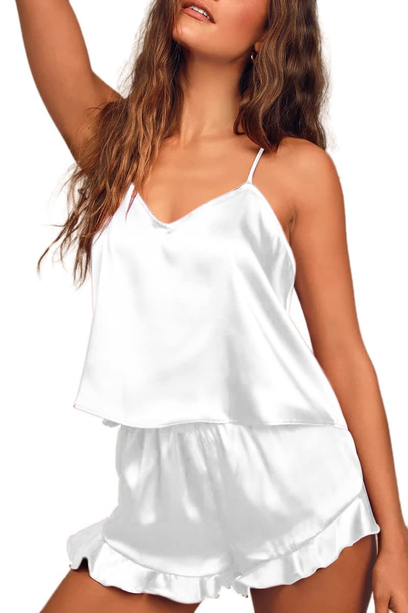 Silk Satin Pajama Set Camisole Top and Shorts with Ruffle Sleepwear