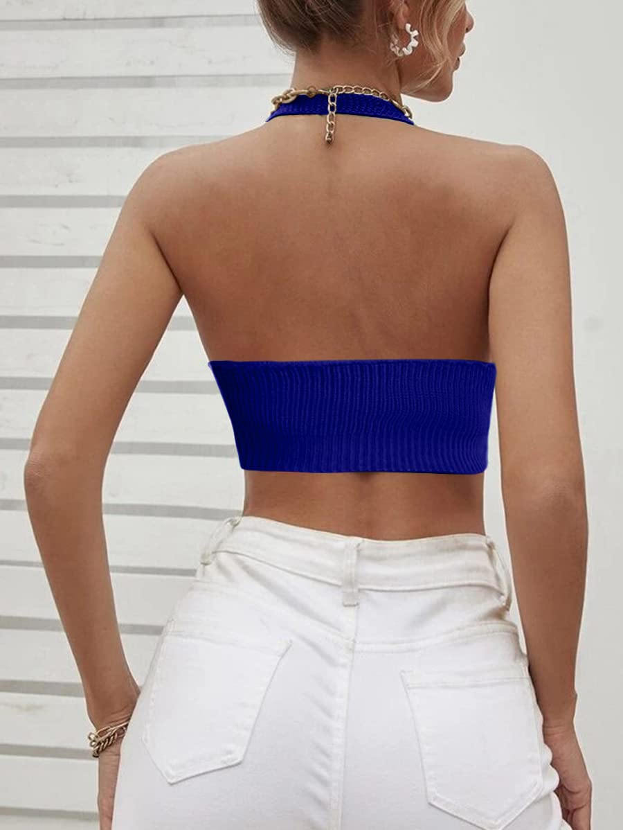 Women's Sexy Deep V Neck Crop Tops Halter Knit Ribbed Bow-Knot Front Backless Cleavage Cropped Tank Top