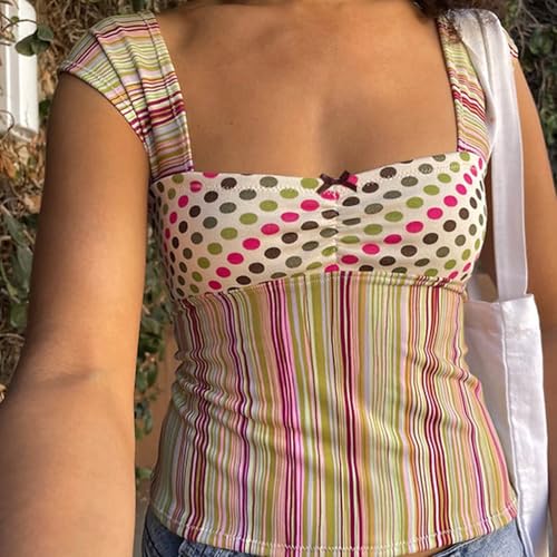 Women Y2K Square Neck Tank Top Sleeveless Polka Dot Crop Top Vintage Patchwork Cami Top