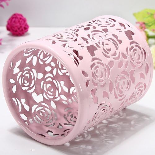 Hollow Rose Flower Pattern Metal Pen Pencil Pot Cup Holder Desk Container Organizer,2 Pieces Pink