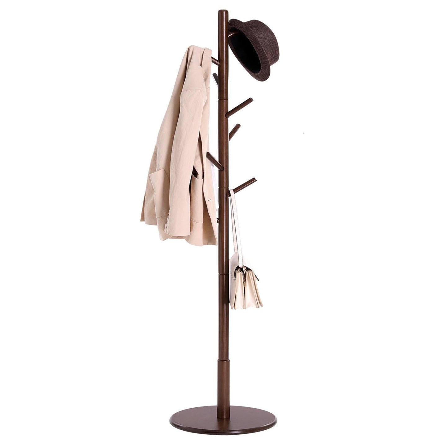 Solid Wood Coat Rack – Free-Standing Tree with 8 Hooks, Adjustable Height for Coats, Hats, and Bags