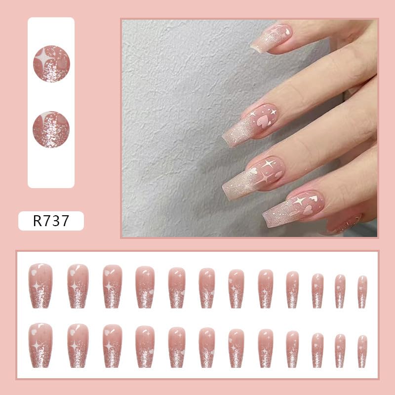 Press On Nails - Pink Butterfly | Pink Series | Beautiful Glossy Pink Nails with Butterfly Design | Short Coffin French Tip Nails, 24 Pcs Reusable Fake Nails