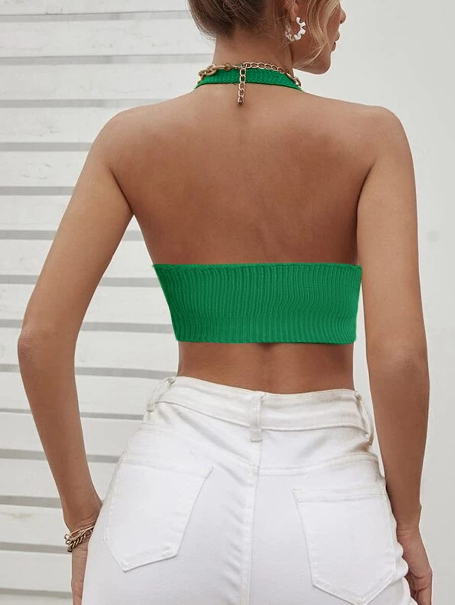 Women's Sexy Deep V Neck Crop Tops Halter Knit Ribbed Bow-Knot Front Backless Cleavage Cropped Tank Top