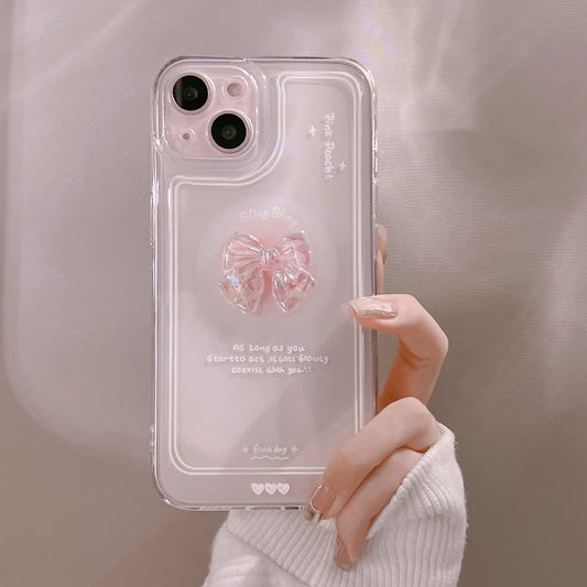 Cute 3D Pink Bowknot Slim Clear Aesthetic Design Protection Phone Cases Cover Compatible for iPhone 13