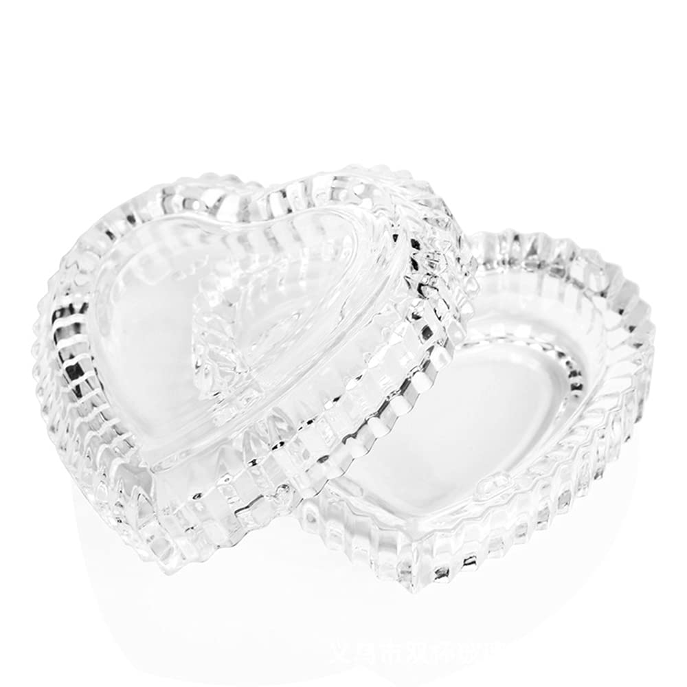 Heart-Shaped Crystal Glass Jewelry Box with Embossed Design and Lid