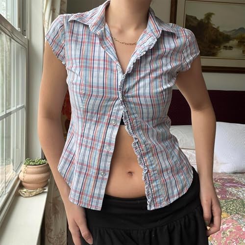 Women Y2k Coquette Button Down Shirt Cute Button Up Cap Sleeve V Neck Preppy Slim Fit Summer 90s Crop Top Blouse