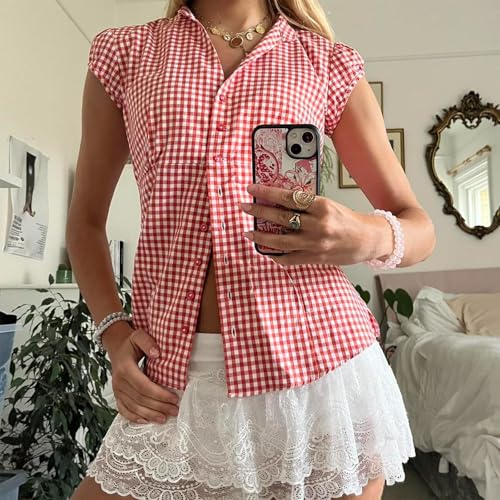 Women Y2k Coquette Button Down Shirt Cute Button Up Cap Sleeve V Neck Preppy Slim Fit Summer 90s Crop Top Blouse