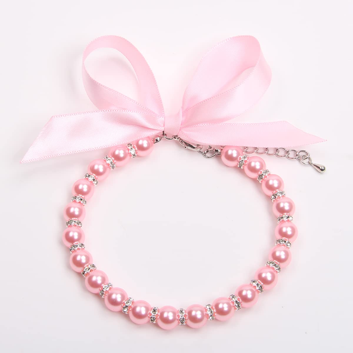 Pearls Necklace Collar with Bling Accessories and Ribbon Bow Pet Jewelry